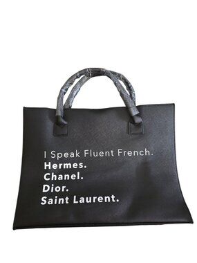 Funny French Designer Quote Tote NWT Black Vegan Leather Large Statement Tote